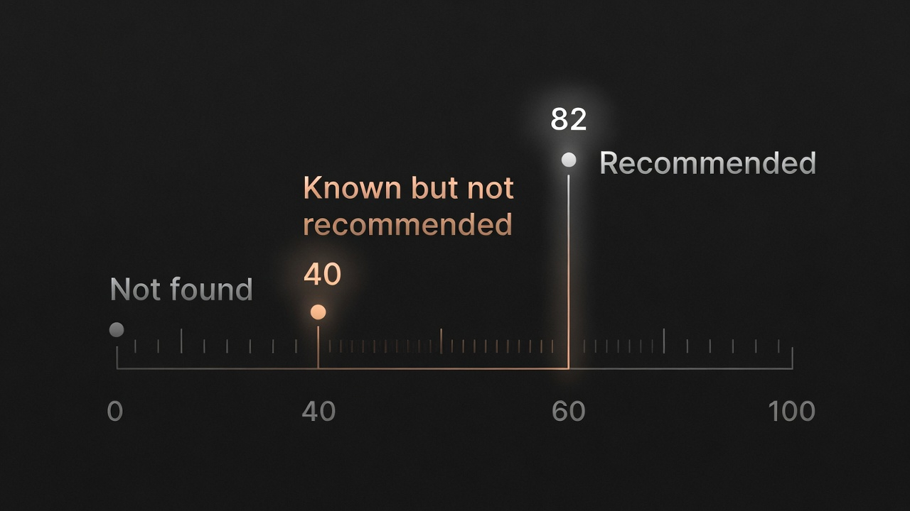 AI Visibility Score spectrum: 0 Not found, 40 Known but not recommended, 100 Recommended